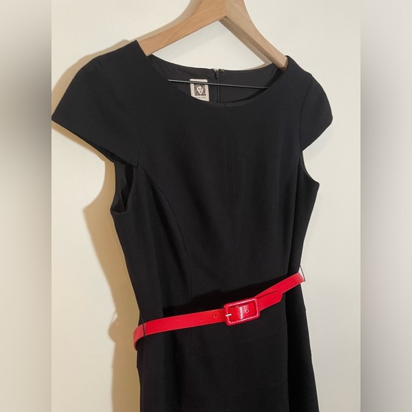 Anne Klein Black Fit & Flare Capped Sleeve Midi Dress Red Belt Women’s Size 8 - Picture 3 of 8
